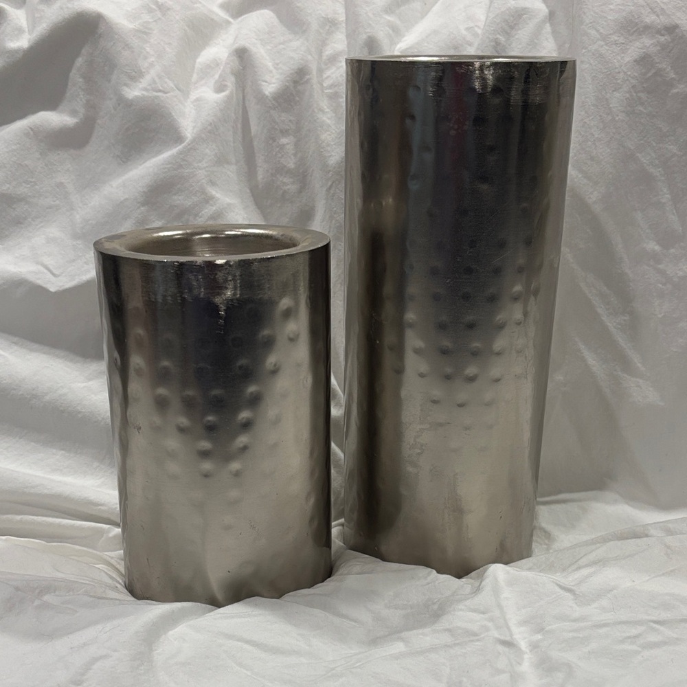 Silver Colored Hammered Metal Pillar Candle Holder Set